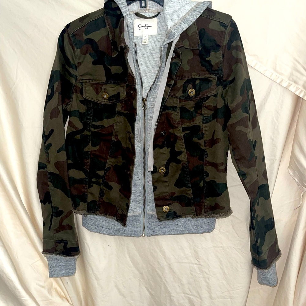 NWOT Jessica Simpson Camo Jean jacket with gray  hoodie inside